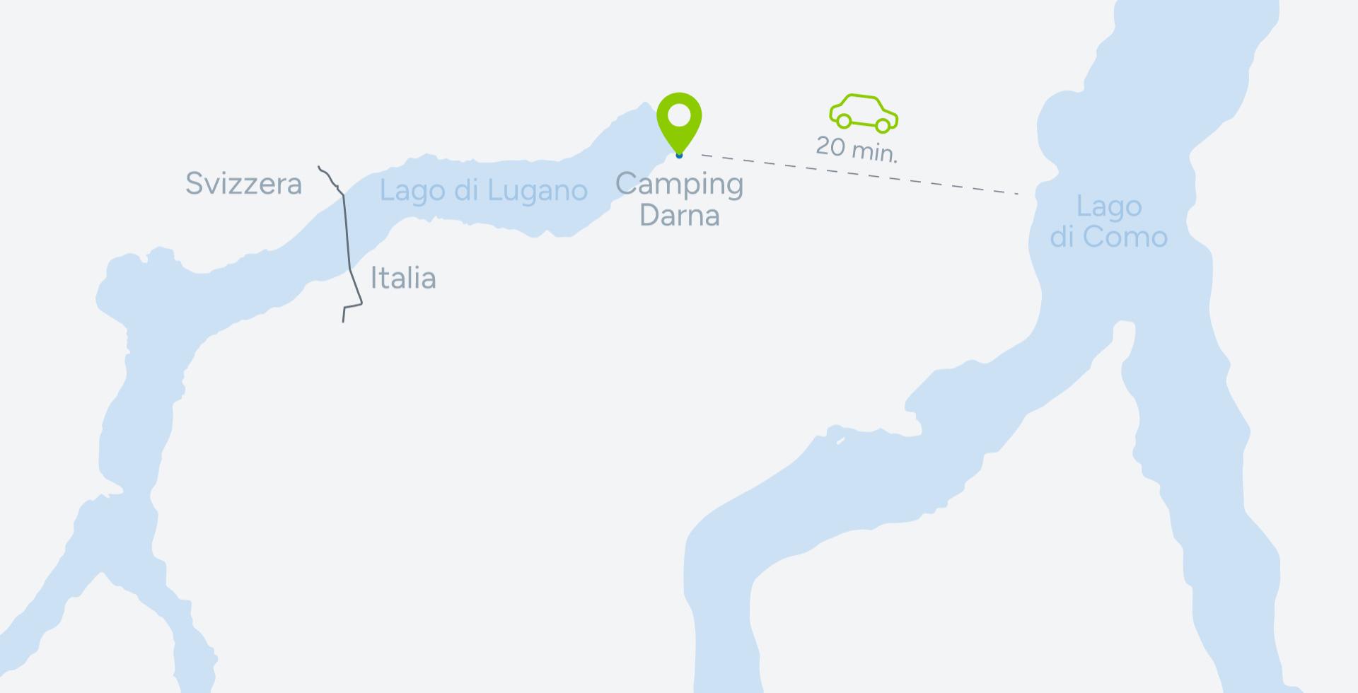 Mappa del Camping Darna tra il Lago di Lugano e il Lago di Como.