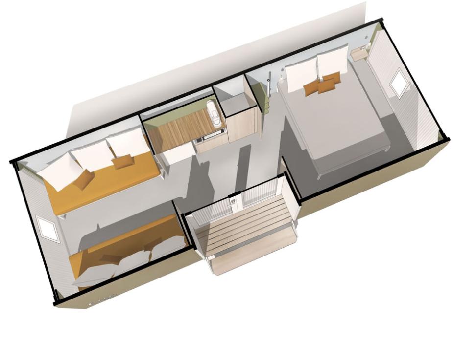 Bright floor plan of a cozy home with two rooms and a bathroom.