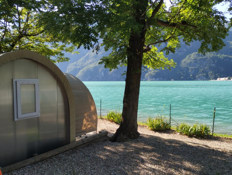 Piccola cucina moderna con tenda, frigorifero, microonde e mensola con tazze.