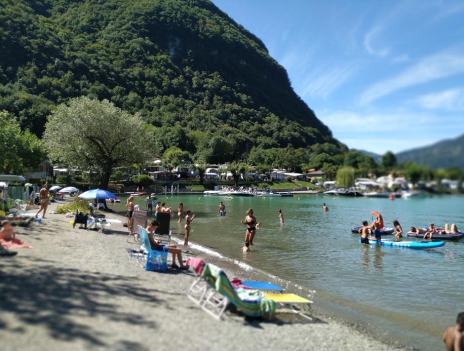 Spiaggia lacustre con camper e montagne verdi sullo sfondo, cielo sereno e nuvole.
