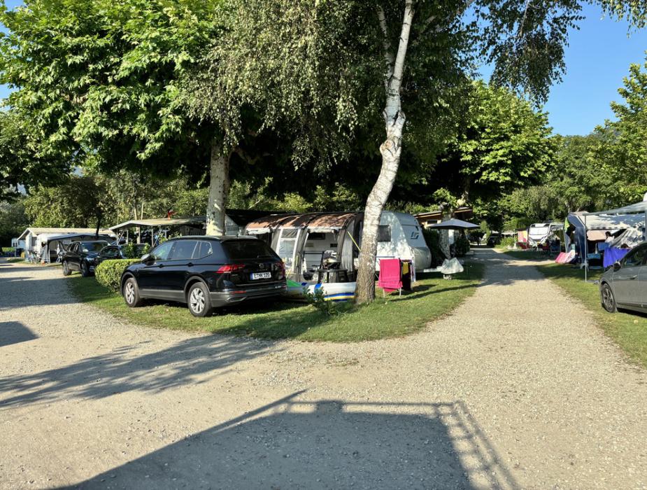 Campeggio con roulotte, auto parcheggiate e alberi ombrosi in una giornata soleggiata.