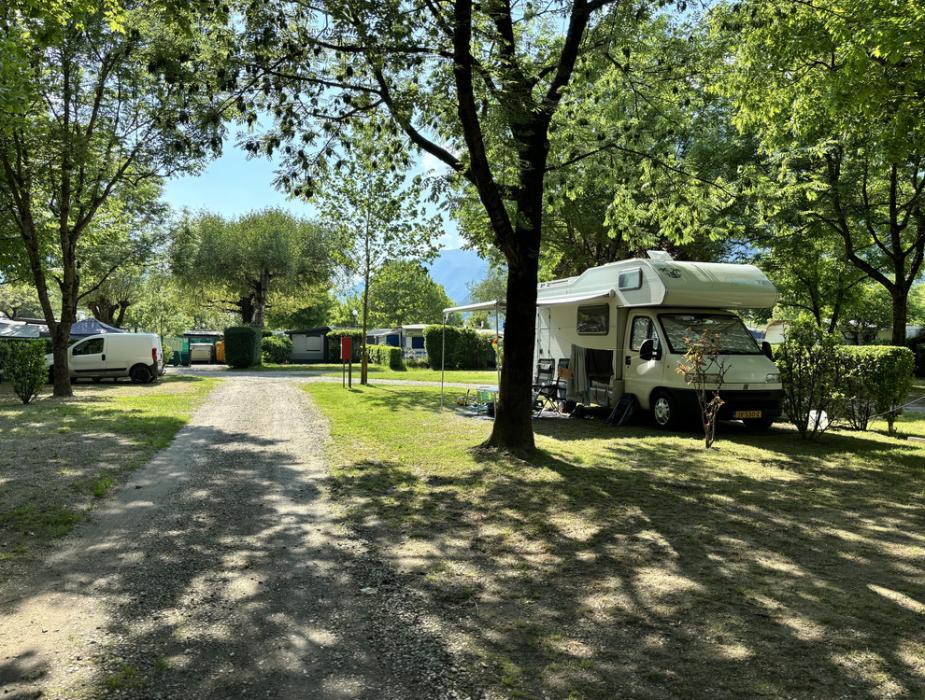Camper parcheggiato in un campeggio alberato, giornata soleggiata e rilassante.