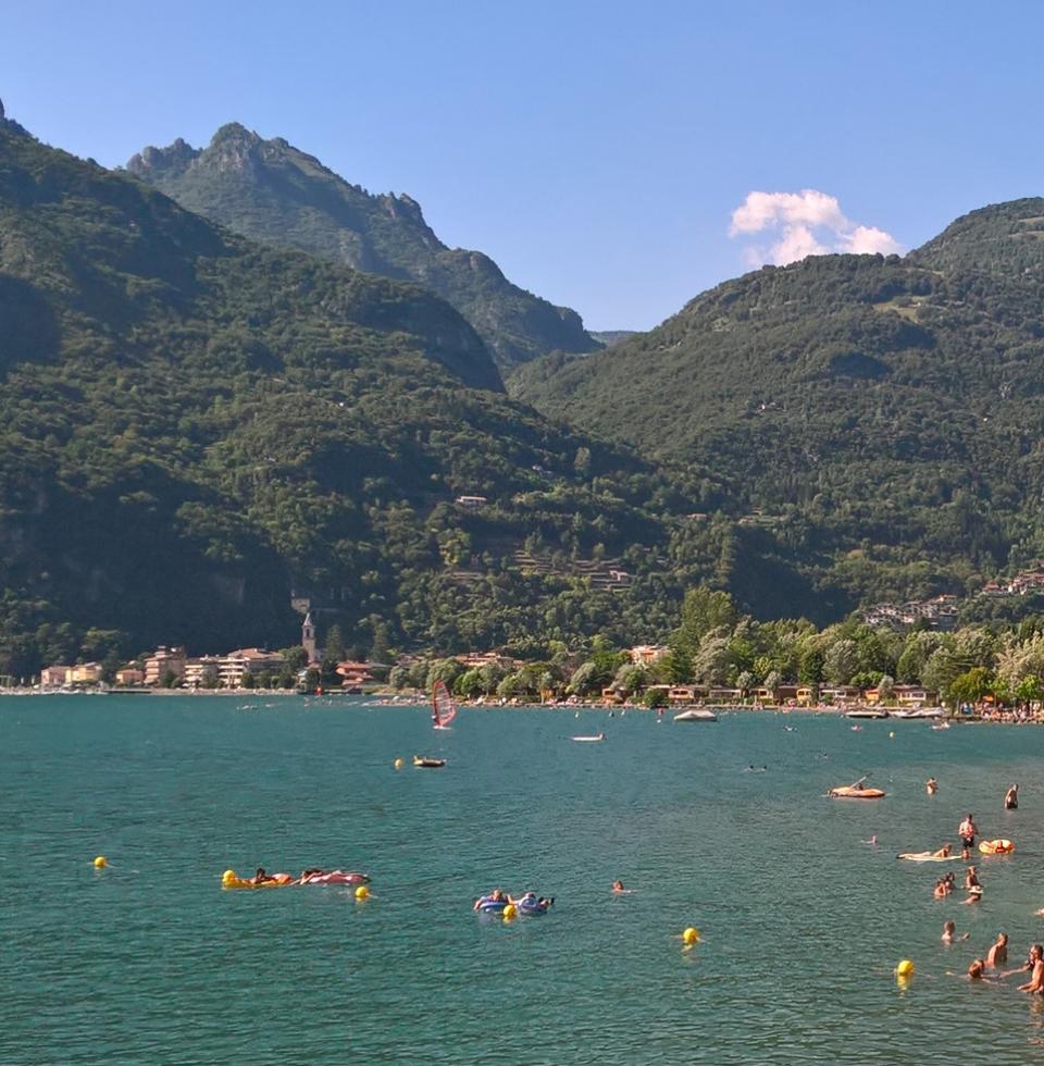 Vista aerea di un campeggio con piscina, vicino a una foresta e un lago.
